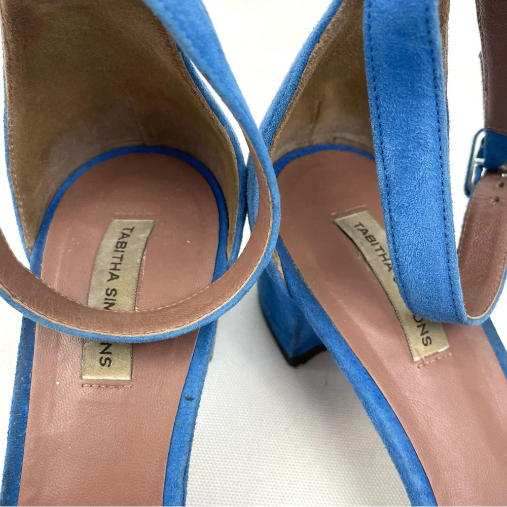 Tabitha Simmons Blue Suede Block Kitten Heel Sandals EU 38.5
